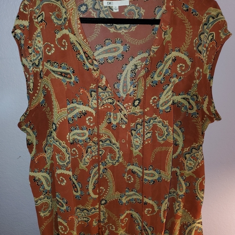 # Rust paisley sheer sleeveless 3X top